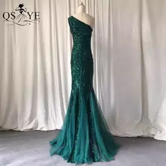 Vestidos de lantejoulas de um ombro, vestido longo do baile da sereia, elegante - loja online