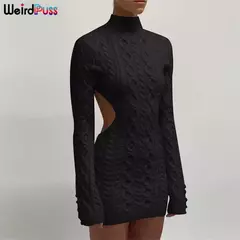 Weird Puss-Mini Vestidos de Gola Alta Elástica Feminina, Tricô Chique, Sem Costas, Manga Comprida, Soft Bodycon, Streetwear, Sexy, Outono - loja online