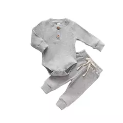 Conjunto de bodysuits de manga comprida e calças elásticas para bebé, com nervuras, xadrez, roupa sólida, infantil, recém-nascido, menina, menino, primavera, outono, 2 peças - Wolf Magazine
