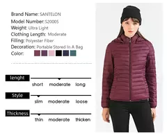Jaqueta Santelon feminina ultraleve acolchoada com capuz removível parka ao ar livre quente e leve com bolsa de armazenamento na internet