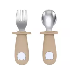 Imagem do Bebê alimentação sólida colher e garfo conjunto, sem BPA, alça de silicone, urso dos desenhos animados, utensílio inoxidável, talheres infantis, novo design