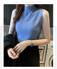 Blusa de malha elástica feminina, Tops femininos, roupa casual, sem mangas, monocromática, moda coreana, primavera, verão, novo, 8623 50 na internet