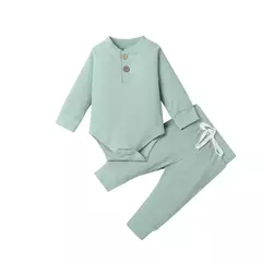 Conjunto de bodysuits de manga comprida e calças elásticas para bebé, com nervuras, xadrez, roupa sólida, infantil, recém-nascido, menina, menino, primavera, outono, 2 peças - loja online