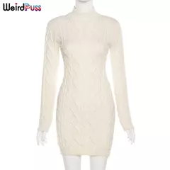 Weird Puss-Mini Vestidos de Gola Alta Elástica Feminina, Tricô Chique, Sem Costas, Manga Comprida, Soft Bodycon, Streetwear, Sexy, Outono
