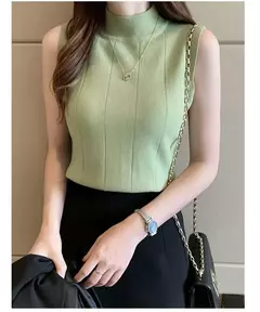 Imagem do Blusa de malha elástica feminina, Tops femininos, roupa casual, sem mangas, monocromática, moda coreana, primavera, verão, novo, 8623 50
