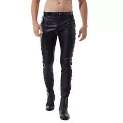 Imagem do Calças de couro dos homens magro ajuste elástico estilo moda couro do plutônio calças da motocicleta para festa palco desempenho clube noite