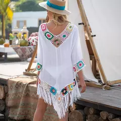 CROCHET BIKINI-Cobertura de biquíni branco com franjas para mulheres, túnica oca sexy, vestido de praia, roupa de banho de verão, praia - loja online