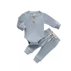 Conjunto de bodysuits de manga comprida e calças elásticas para bebé, com nervuras, xadrez, roupa sólida, infantil, recém-nascido, menina, menino, primavera, outono, 2 peças - Wolf Magazine