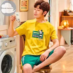 Conjunto pijama masculino de malha de algodão, conjunto de pijamas manga curta, terno letra, Homewear masculino, tamanho XL a XXL, verão - Wolf Magazine