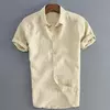Camisa de Manga Curta Casual dos homens Rua Desgaste Lapela Botão Cor Sólida Camisa De Linho Algodão para Homens Blusa de Férias Do Vintage M-3XL