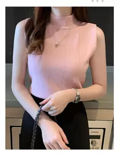 Blusa de malha elástica feminina, Tops femininos, roupa casual, sem mangas, monocromática, moda coreana, primavera, verão, novo, 8623 50 - comprar online