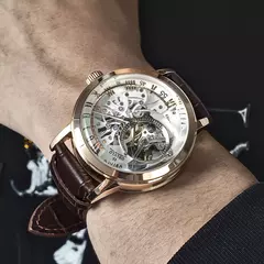 OBLVLO Luxo Retrô Casual Masculino Esqueleto Automático Relógios Mecânico Pulseira Pele de Bezerro Vidro Cristal Mineral Mostrador À Prova D' Água 45 VM