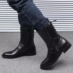 Nova moda dos homens boate motocicleta meados de bezerro botas altas sapatos de couro de vaca outono inverno longo botas masculinas calzado hombre na internet