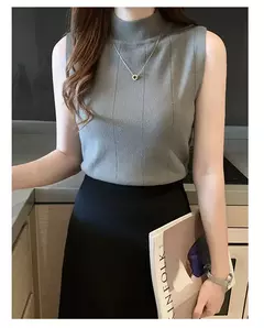 Blusa de malha elástica feminina, Tops femininos, roupa casual, sem mangas, monocromática, moda coreana, primavera, verão, novo, 8623 50