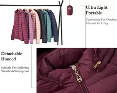 Jaqueta Santelon feminina ultraleve acolchoada com capuz removível parka ao ar livre quente e leve com bolsa de armazenamento na internet