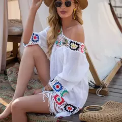 Imagem do CROCHET BIKINI-Cobertura de biquíni branco com franjas para mulheres, túnica oca sexy, vestido de praia, roupa de banho de verão, praia