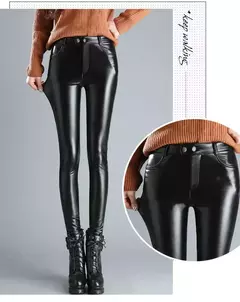 Calça feminina de couro estica, calça casual de veludo inverno, perneira de lápis feminina grossa quente, cintura alta, outono - Wolf Magazine