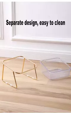 Tigela dupla transparente para animais de estimação, tigela alta para gato, bebida, água, comida para gatos com suporte dourado, alimentador de água elevado, tigela para cães