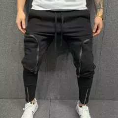 Calça cargo multi-zíperes masculina, calça com bolsos de cordão, calça harém, streetwear casual, estilo hip-hop, monocromática, moda - Wolf Magazine