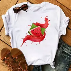 Camiseta branca estampada com frutas engraçadas para mulheres, estampa Kawaii Banana, camiseta Harajuku, manga curta, camiseta, moda - loja online