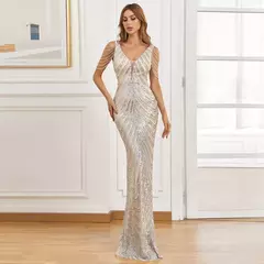 Imagem do YIDINGZS-Vestido Maxi Decote V feminino, Lantejoula prateada, Beading, Festa noturna, Sexy