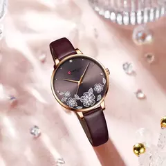 Curren-Relógios de pulso quartzo de couro de luxo feminino, marca relógio para senhoras, charme relógio mostrador flores na internet