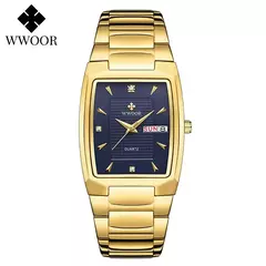 Imagem do WWOOR-Relógio de quartzo quadrado de luxo masculino, Aço inoxidável, Automático, Semana, Data, Ouro, Relógios de pulso, Relogio masculino, Novo, 2022