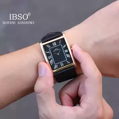 IBSO-Relógio ultrafino de quartzo com mostrador retangular masculino, estilo comercial de luxo, pulseira de couro genuíno, relógios de pulso impermeáveis, novos na internet