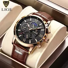 LIGE-Relógio de quartzo de couro de luxo masculino com caixa, impermeável, relógio, casual, marca de topo, novo, 2022 - Wolf Magazine