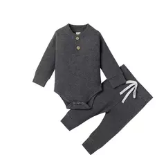 Conjunto de bodysuits de manga comprida e calças elásticas para bebé, com nervuras, xadrez, roupa sólida, infantil, recém-nascido, menina, menino, primavera, outono, 2 peças