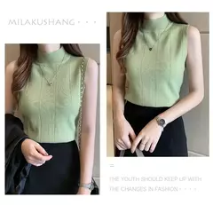 Blusa de malha elástica feminina, Tops femininos, roupa casual, sem mangas, monocromática, moda coreana, primavera, verão, novo, 8623 50