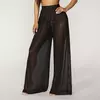 Mulheres Ver Através Boho Perna Larga Calças de Cintura Alta, Praia Longa Solta Malha Calças Pura, Bikini Bottom Cover-Up Beachwear