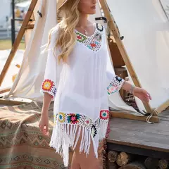 Imagem do CROCHET BIKINI-Cobertura de biquíni branco com franjas para mulheres, túnica oca sexy, vestido de praia, roupa de banho de verão, praia