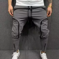 Calça cargo multi-zíperes masculina, calça com bolsos de cordão, calça harém, streetwear casual, estilo hip-hop, monocromática, moda