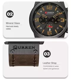 CURREN-Relógio de quartzo de couro genuíno impermeável masculino, relógio de pulso, cronógrafo, militar, esporte, marca de luxo - loja online