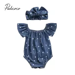 Corações de bebês amam macacões de manga curta fora do ombro, bodysuits infantis, conjunto casual verão, faixa de cabeça, 0-24m, novo, 2 peças, 2022