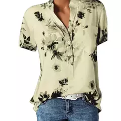 Camisa feminina de manga curta com decote em v, blusa elegante, estampada, tamanho grande, moda casual - loja online