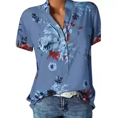 Camisa feminina de manga curta com decote em v, blusa elegante, estampada, tamanho grande, moda casual - loja online