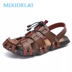 Imagem do MIXIDELAI-Chinelos de couro masculino, calçado confortável, sandálias macias,