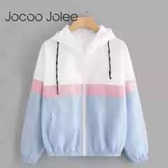 Jaqueta corta-vento com capuz feminino, bloco de cor elegante, patchwork, jaqueta bomber com zíper, casaco casual, impermeável, Casacos outonos, moda