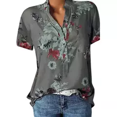 Camisa feminina de manga curta com decote em v, blusa elegante, estampada, tamanho grande, moda casual