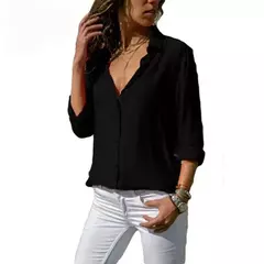 Blusa elegante de manga comprida feminina, com decote em v sólido, camisas femininas de trabalho, tops grandes, primavera e verão, 2023 - Wolf Magazine