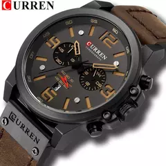 CURREN-Relógio de quartzo de couro genuíno impermeável masculino, relógio de pulso, cronógrafo, militar, esporte, marca de luxo na internet