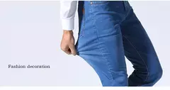 Jeans estilo clássico irmão Wang masculino, casual, stretch, fino, calça jeans, azul claro, calça preta, marca masculina na internet