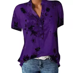 Camisa feminina de manga curta com decote em v, blusa elegante, estampada, tamanho grande, moda casual - Wolf Magazine