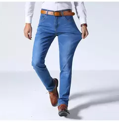 Jeans estilo clássico irmão Wang masculino, casual, stretch, fino, calça jeans, azul claro, calça preta, marca masculina