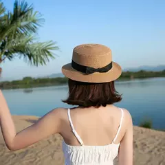 COKK-Chapéu Panamá de praia simples feminino, casual, aba plana, laço, boné de palha, chapéu de sol feminino, verão - loja online
