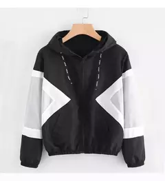 Jaqueta corta-vento com capuz feminino, bloco de cor elegante, patchwork, jaqueta bomber com zíper, casaco casual, impermeável, Casacos outonos, moda - comprar online