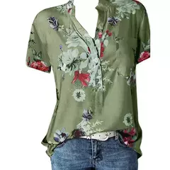 Imagem do Camisa feminina de manga curta com decote em v, blusa elegante, estampada, tamanho grande, moda casual