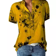 Camisa feminina de manga curta com decote em v, blusa elegante, estampada, tamanho grande, moda casual na internet